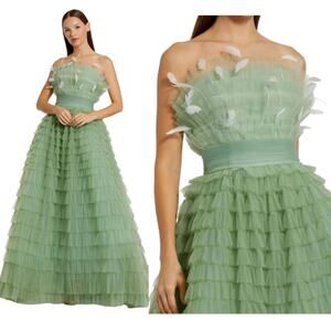 Mac Duggal 20530 Sage Green 8 Ruffle Feather Strapless Formal Evening Gown Dress